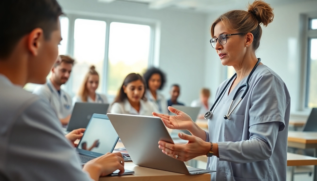 Engaged nursing students in an online course setting for rn ceus, highlighting collaboration and focus.