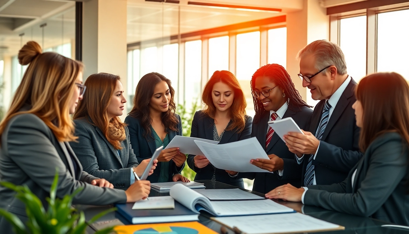 Engaging scene illustrating professionals discussing agriculture law in a collaborative office.