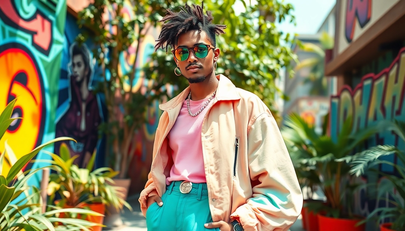 Model showcases trendy pieces from north fashion in an urban backdrop of colorful street art.