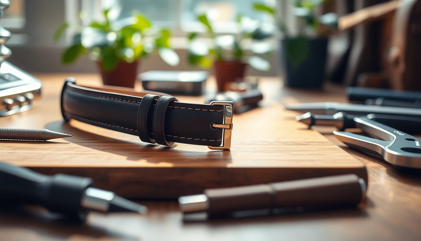 Showcasing a high-quality watch band with detailed stitching on a wooden table.