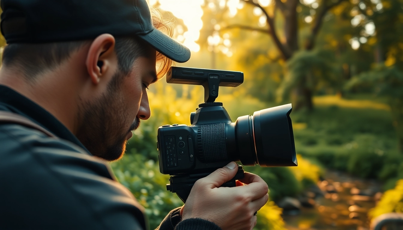 Capture videographer telling stories & documentaries with nature backdrop and golden lighting.