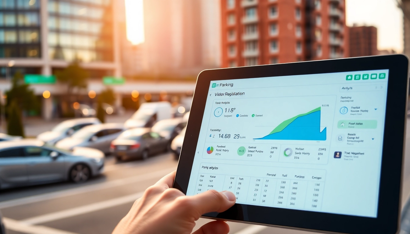 Manage vrr parking with a high-tech tablet interface showcasing visitor registration and analytics.