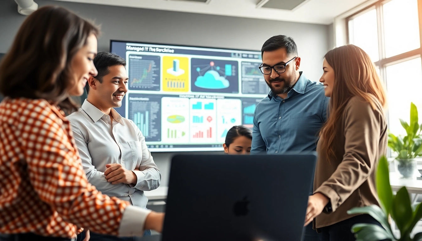 Team collaborating on managed IT service solutions in a modern office setting.