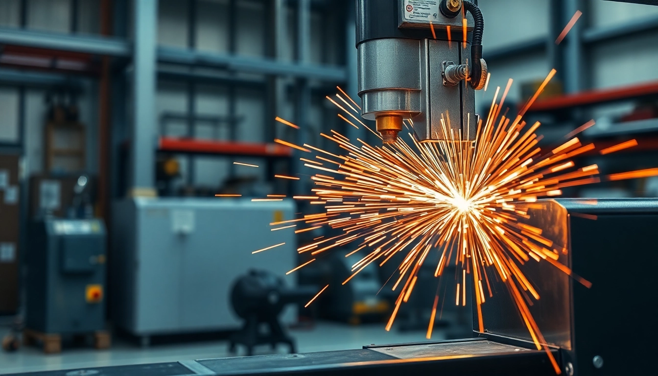 Laser welding machine operating with sparks, showcasing precision and advanced technology.