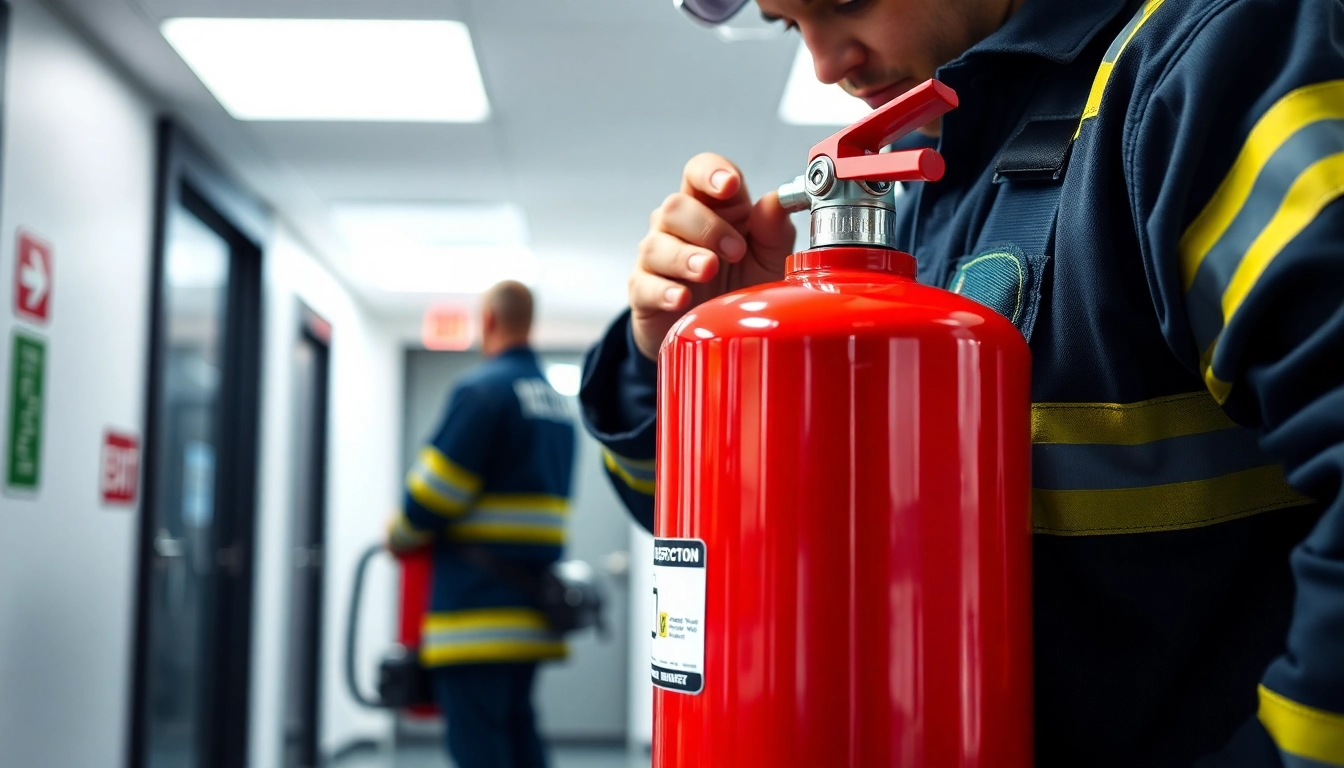 Perform fire extinguisher checks with a professional inspecting a red extinguisher in an office setting.