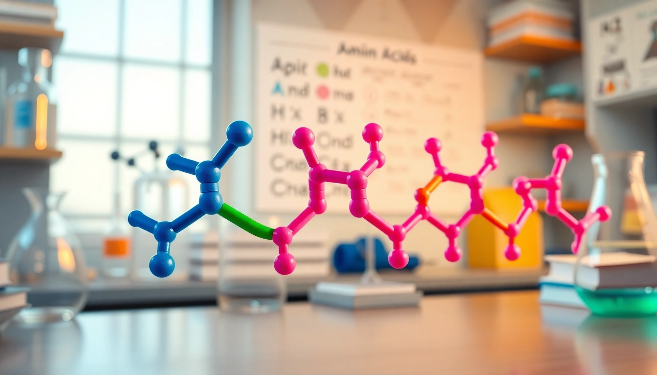 Amino Acid moleküllerinin yaratıcı bir düzeniyle bilimsel bir ortamda gösterimi.