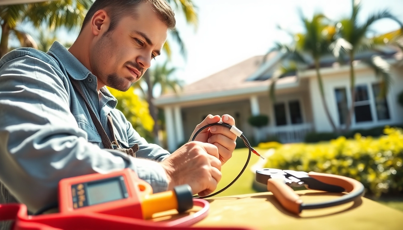Experienced Electrician Clearwater performing wiring installation with professional tools in a sunny setting.
