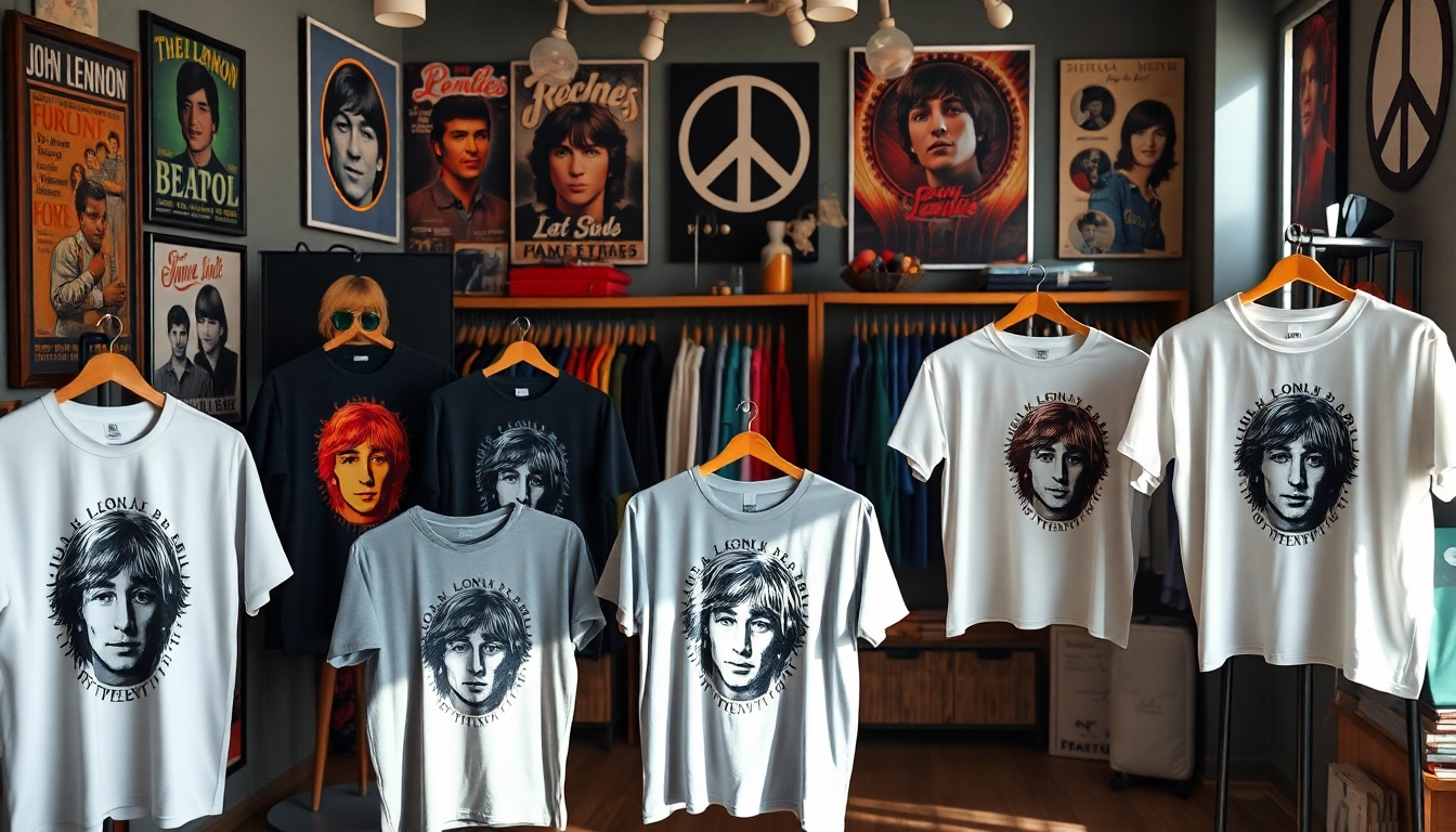 Display of unique John Lennon t shirts in a stylish boutique setting, emphasizing artistic designs.