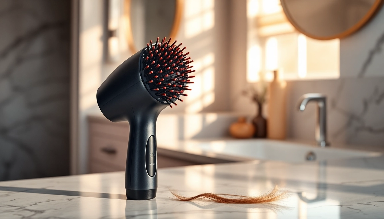 Stylish blow dryer brush designed for effective hairstyling on a marble countertop.