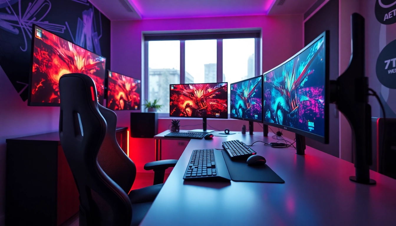 메이저사이트 관련 전문적인 e-gaming 설정과 세련된 장비를 묘사합니다.