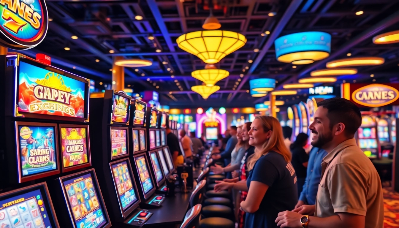 Putar game slot dengan berbagai mesin berwarna-warni di kasino yang ramai.