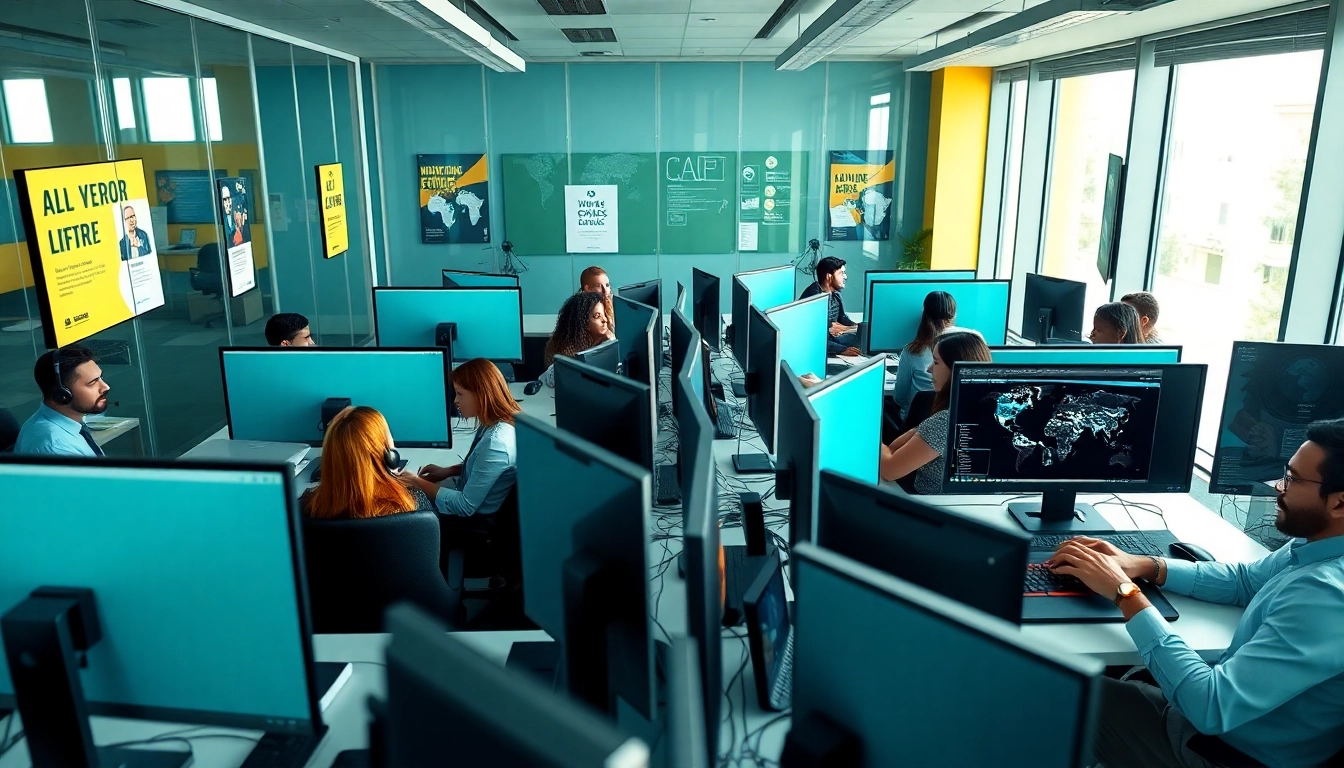 Showcasing Call Center Pricing dynamics through diverse agents working in a modern office.