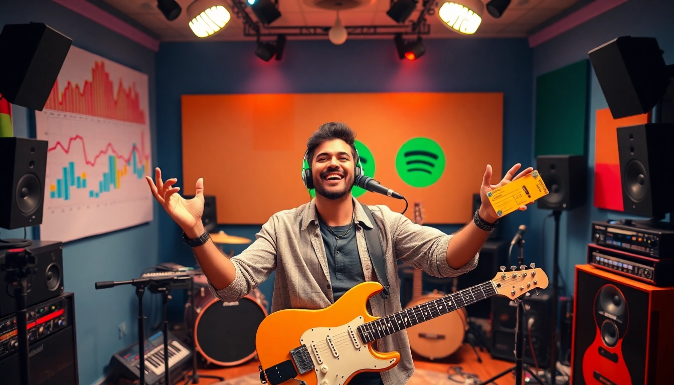 Engaging image showing a musician utilizing spotify promotion tools in a lively studio environment.