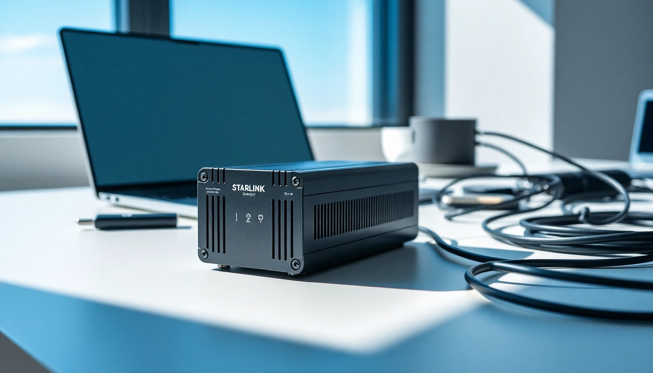 Enhance your setup with the Starlink Mini 12V power supply, featuring a sleek design and modern workspace.