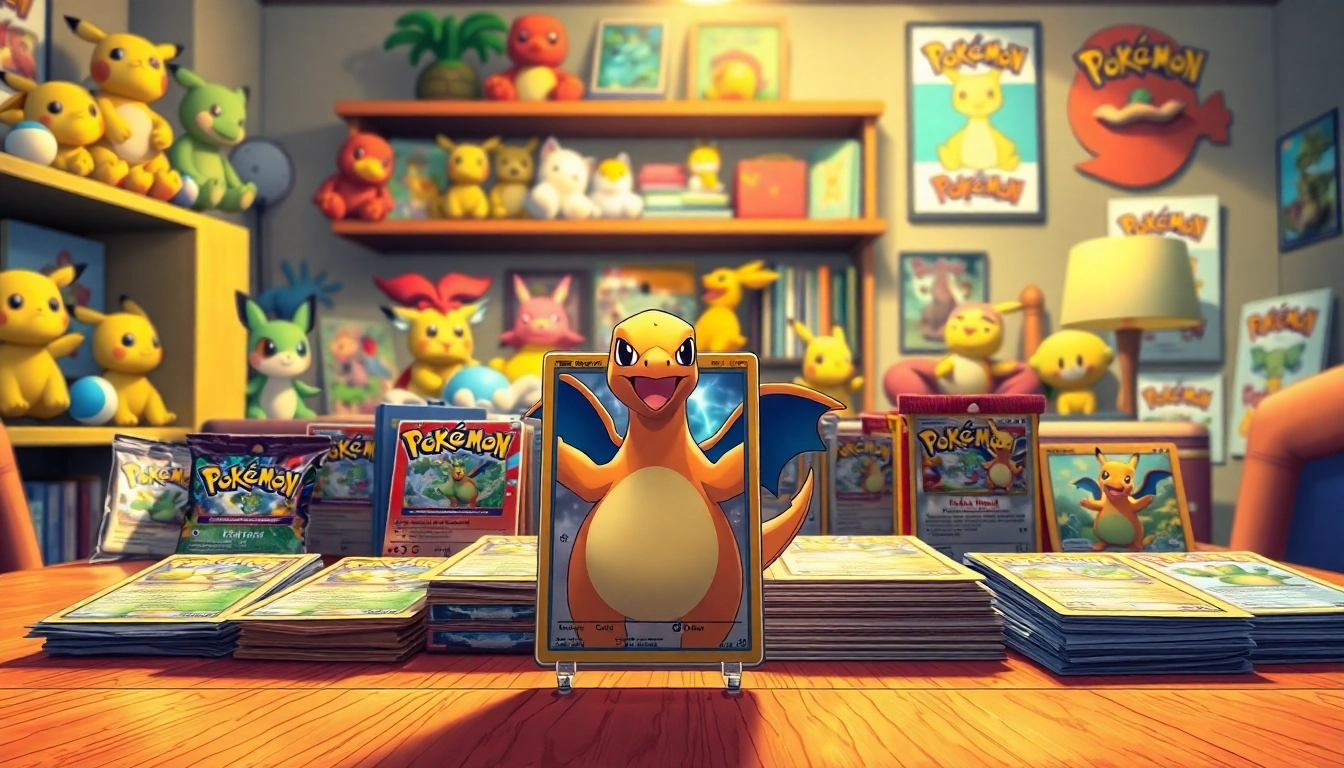 Showcase of Pokemon cards india, featuring rare Charizard and booster packs on a wooden table in a cozy setting.