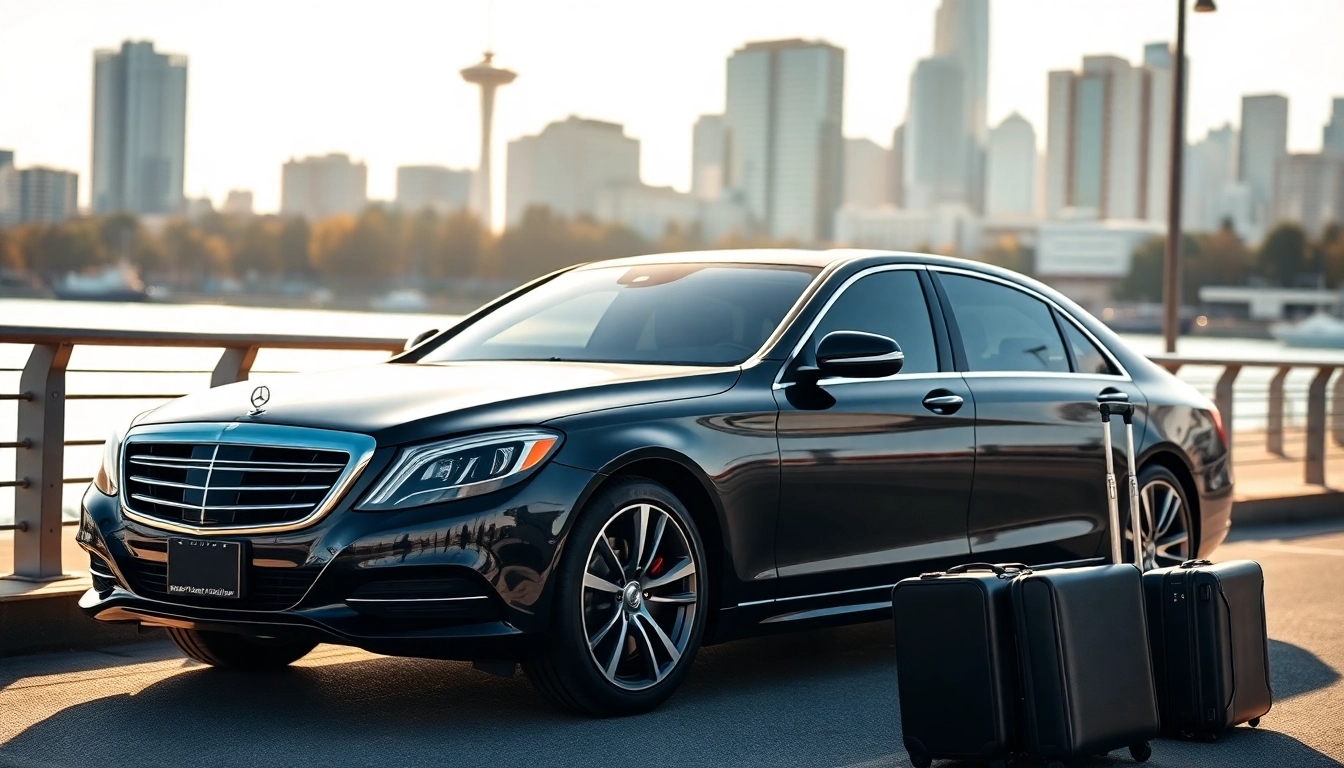 Experience premium chauffeur service Vancouver with a sleek black sedan against a vibrant city backdrop.