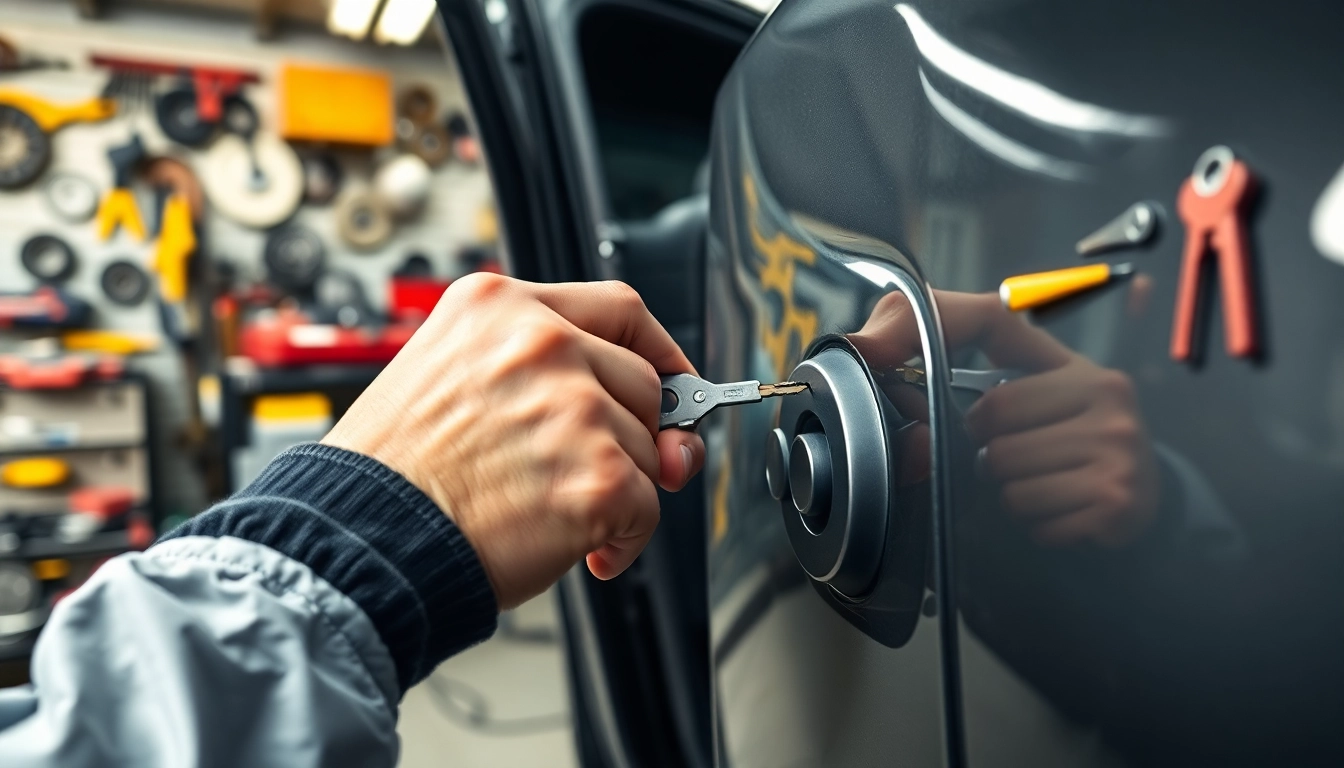 Retrieve Keys Locked in Car using a slim jim by a mechanic in a bright garage