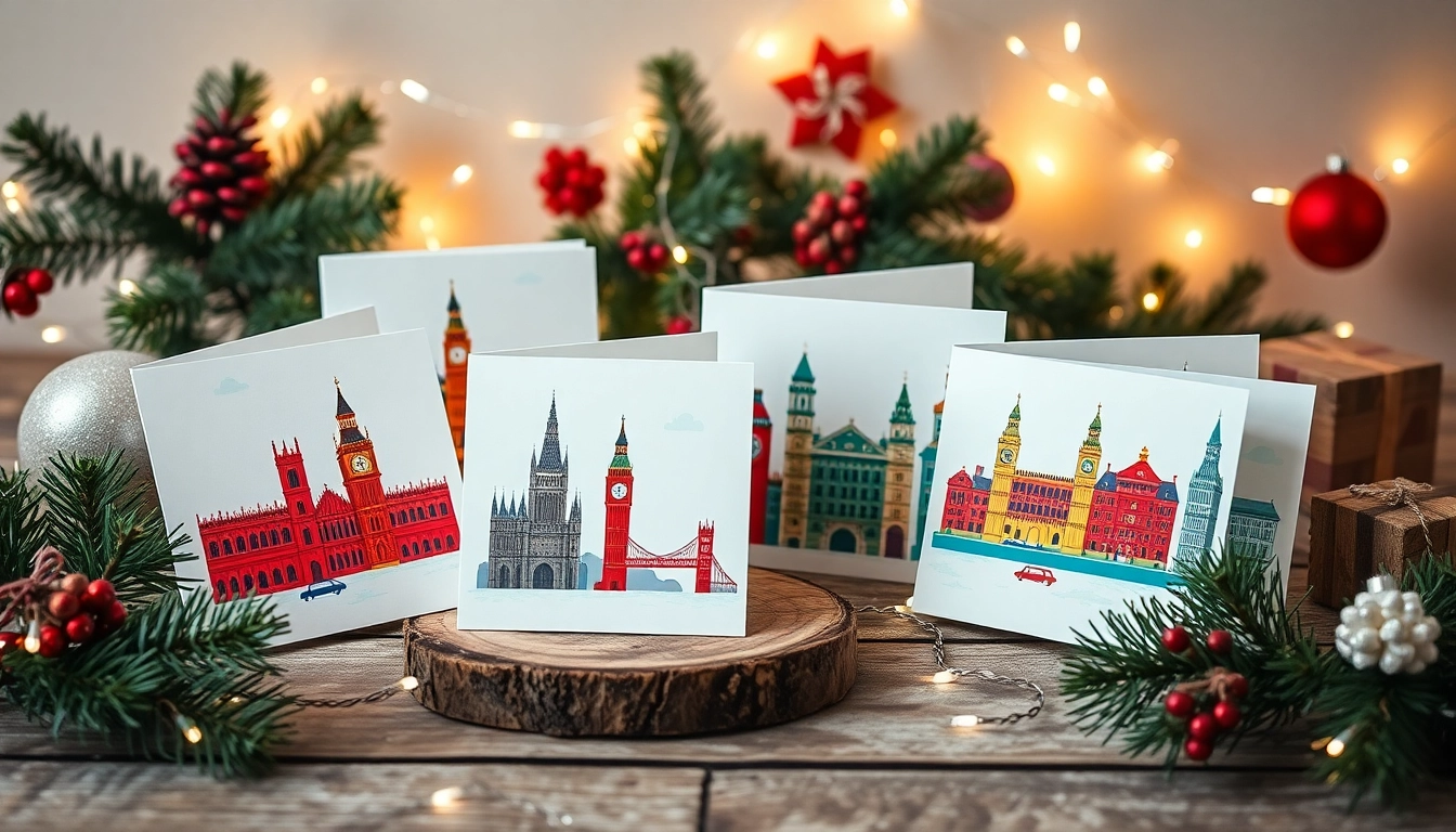 Showcase of custom Christmas cards London with festive decorations on a wooden table.