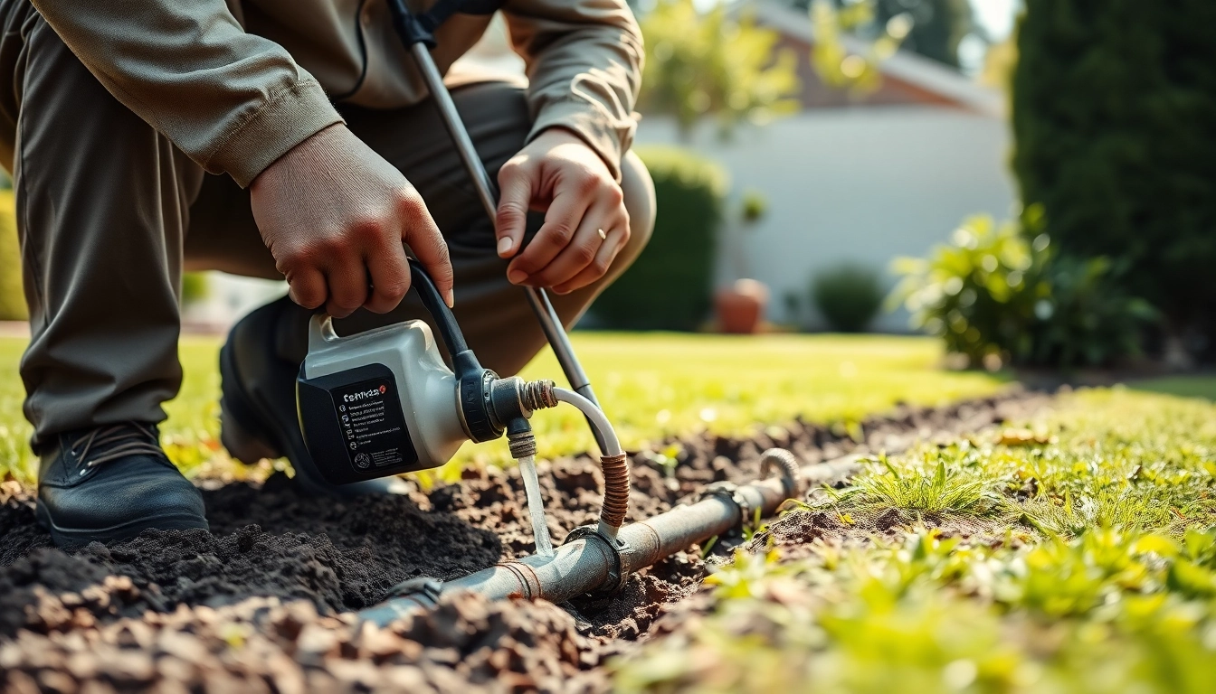 Technician refilling termite reticulation system refills in a residential garden setting.