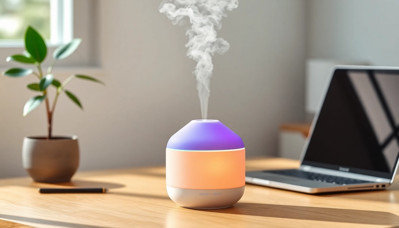 USB Air Humidifier Diffuser releasing mist with colorful lights on an office desk