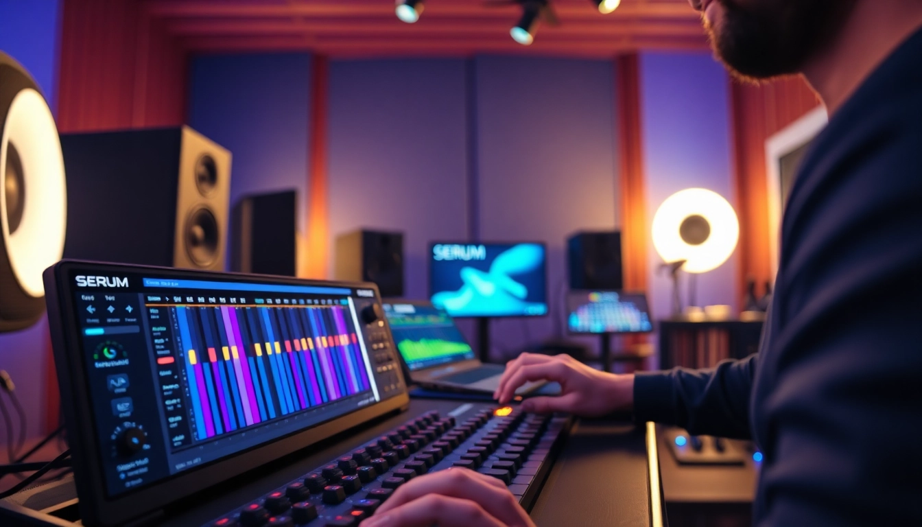 Explore dynamic UK Bass serum presets showcased on a music producer's screen in a vibrant studio.