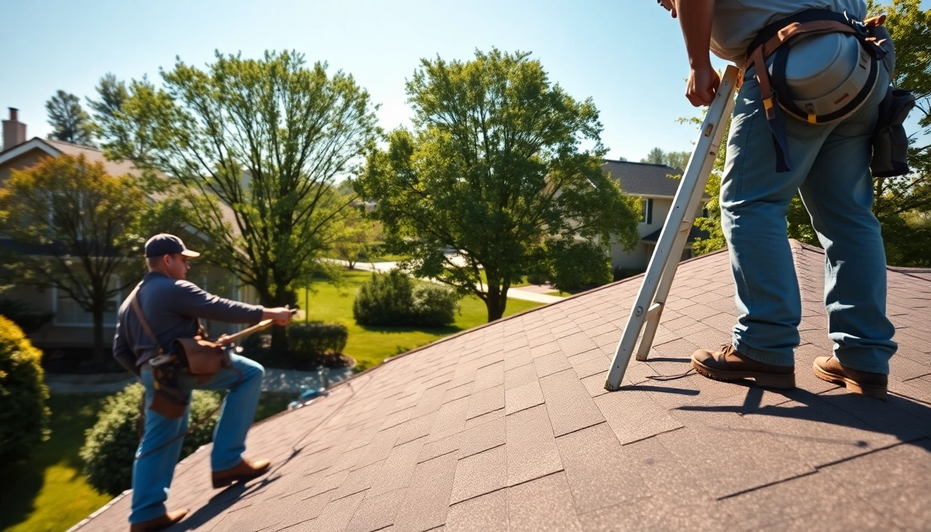Engaged in roof repair Vancouver Wa, a professional roofer works diligently on a sloped roof.
