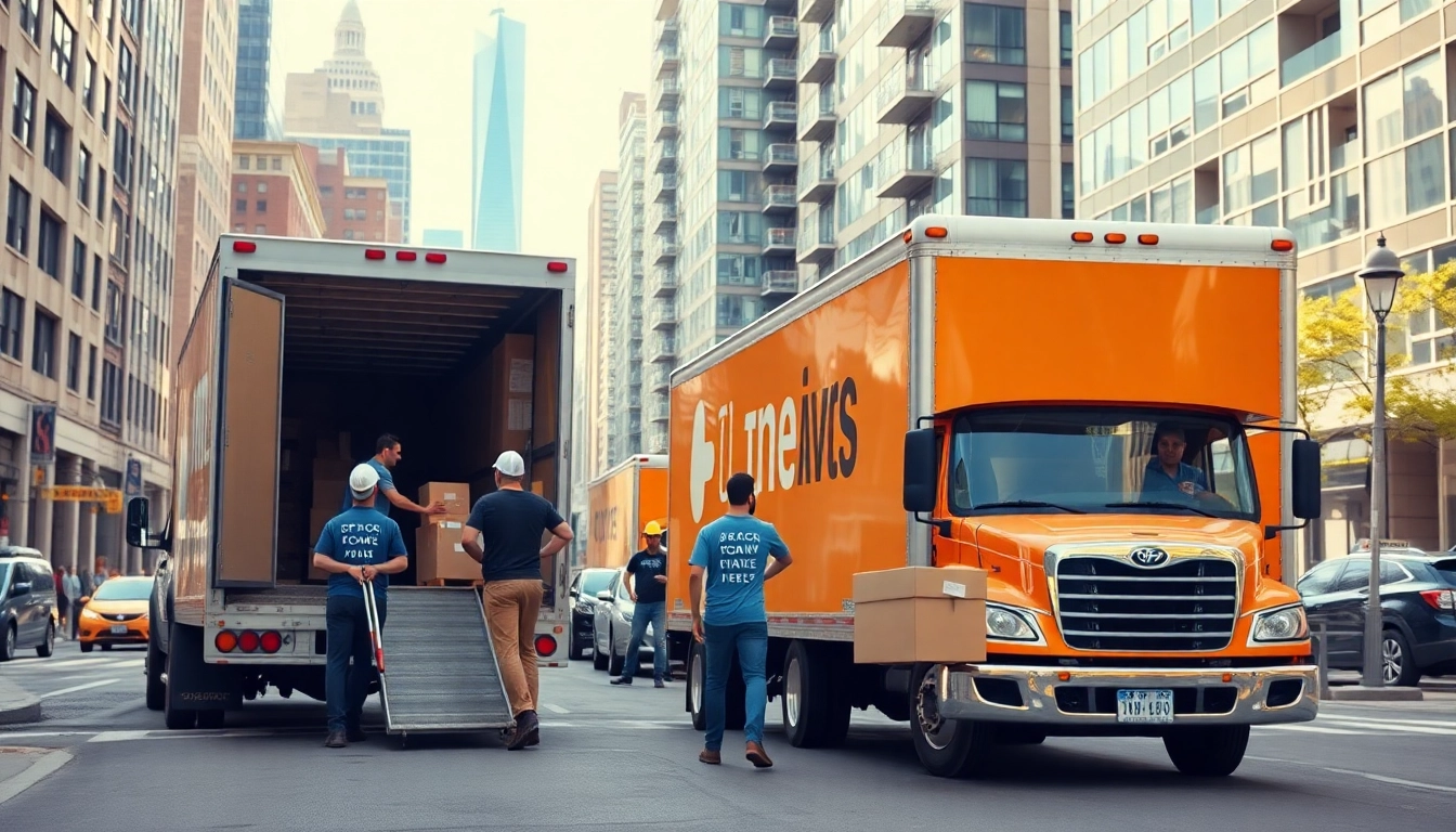 Queens movers efficiently unloading boxes in a vibrant urban setting in Queens.