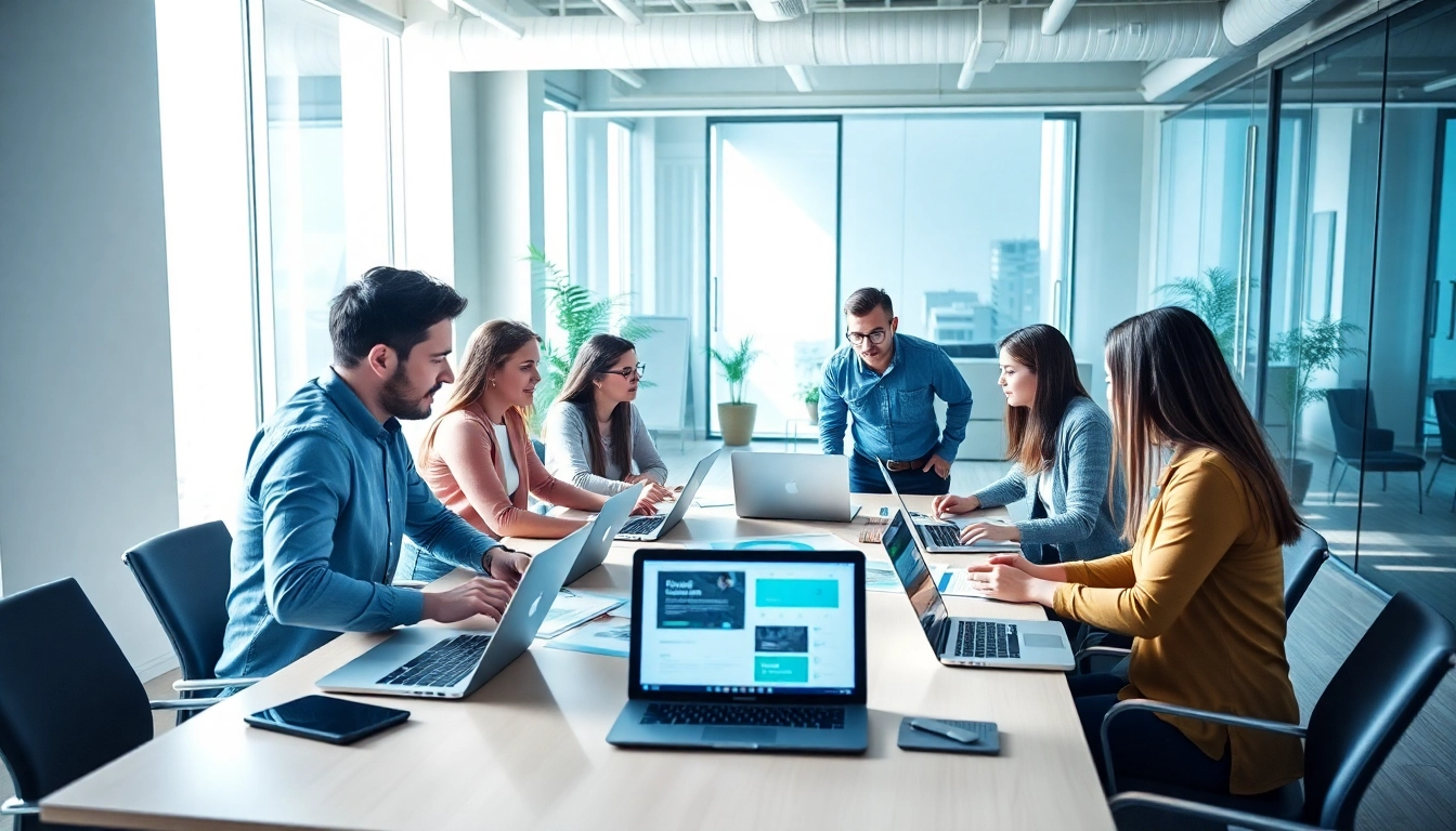Team engaged in website development kansas city, collaborating with technology in a modern office.