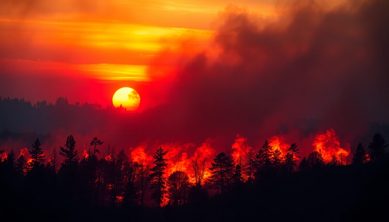 Capture the intense wildfire events as firefighters battle flames during a dramatic sunset.