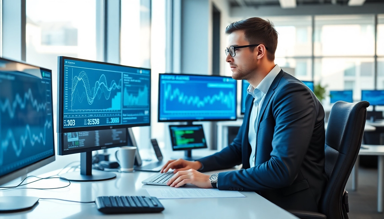 Illustration of data anomaly detection with a data analyst analyzing graphs in a modern office.
