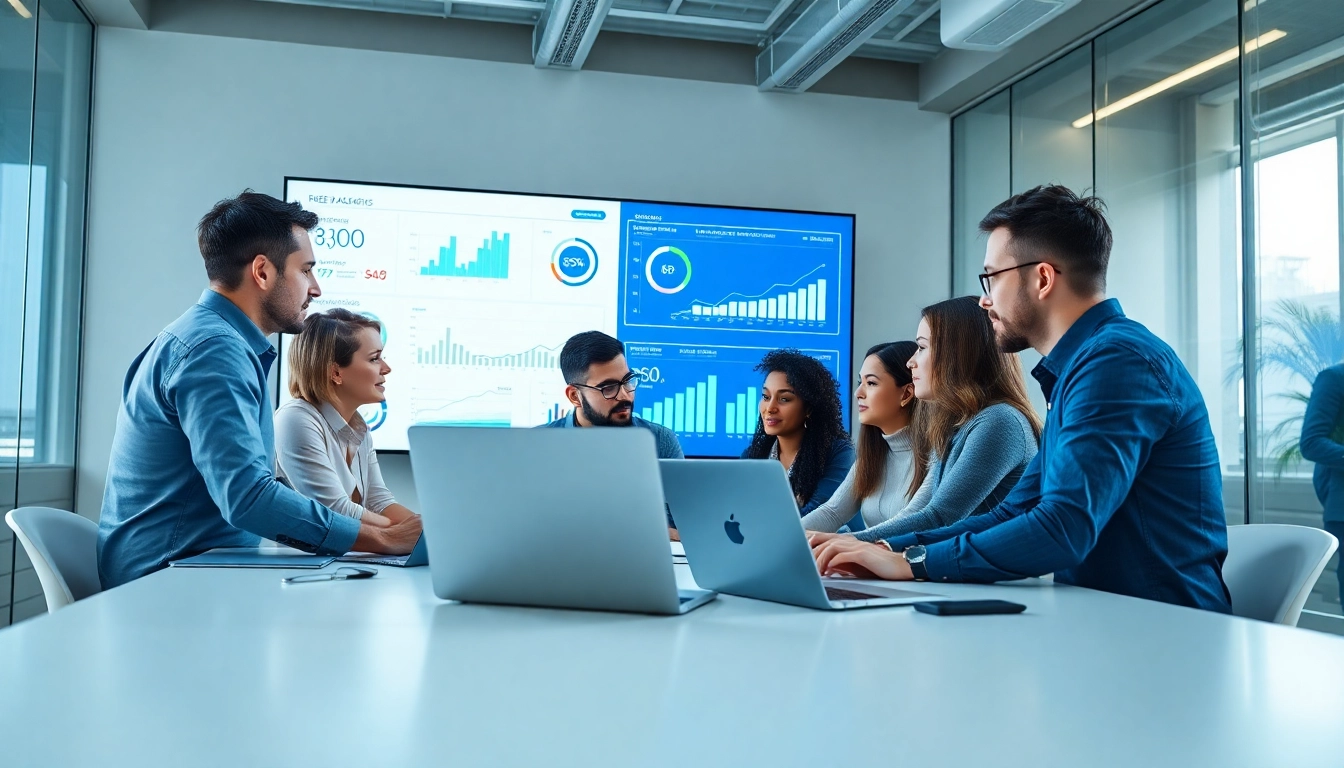 SEO Agency team collaborating in a modern office, showcasing teamwork and innovation.