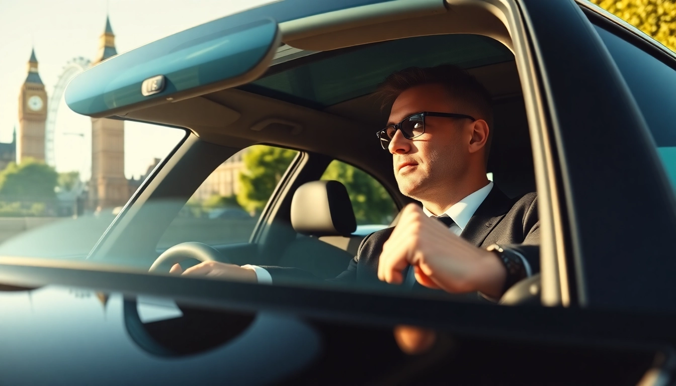 Book chauffeur hire london with a professional driver in a sleek black car against London’s iconic landmarks.