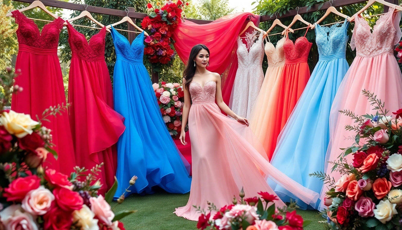 Bridal model displaying elegant Coloured Wedding Dresses amid vibrant floral scenery.