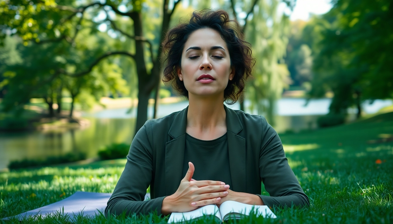 Practicing techniques for dealing with stress in a peaceful park setting.