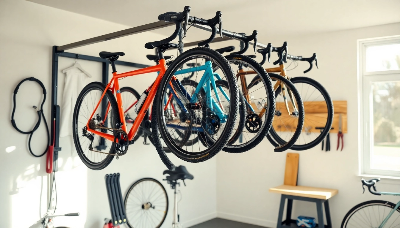 Showcasing a stylish bike rack for home storage in a well-organized garage with multiple bicycles.