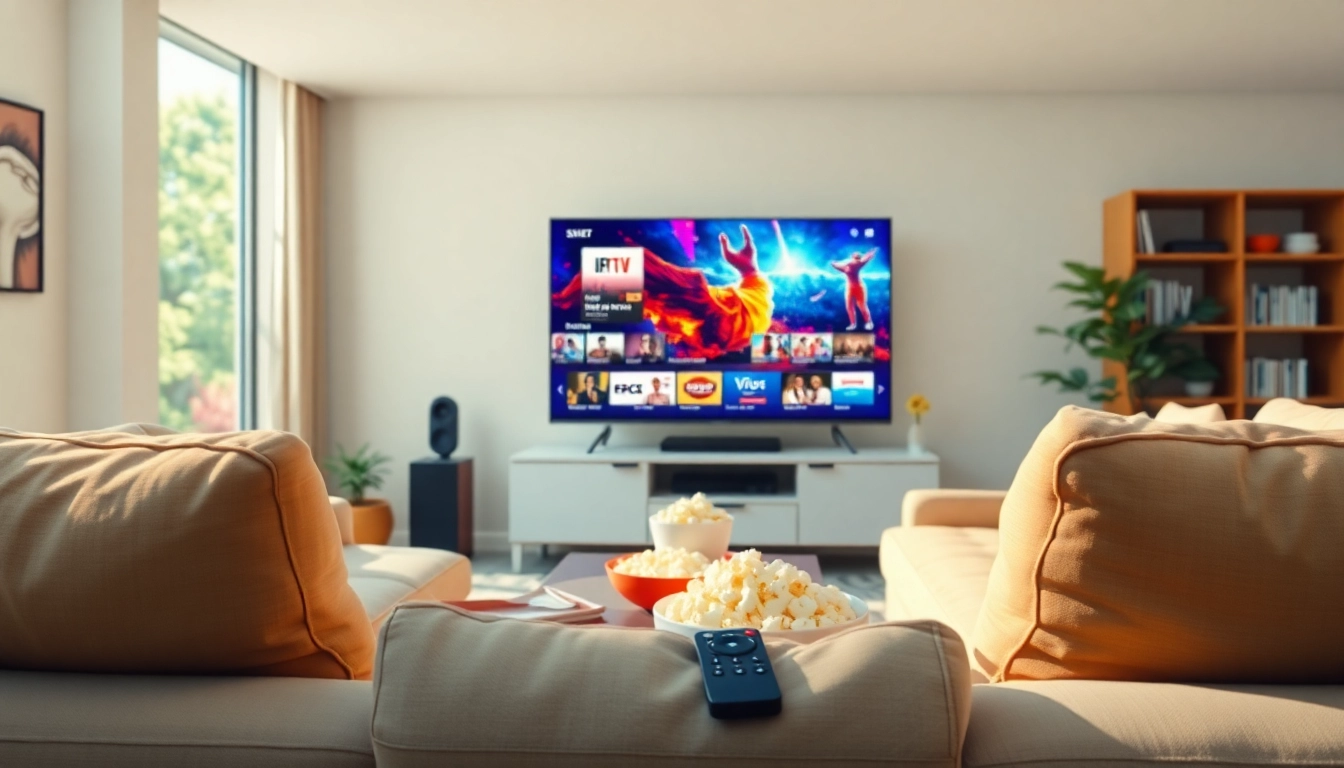 Compra Listas IPTV en una sala moderna con un elegante televisor inteligente y contenido vibrante.
