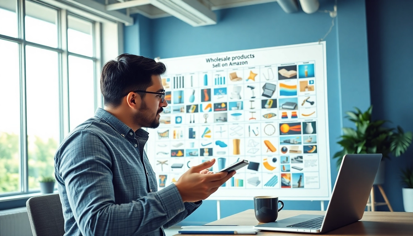 Analyst showcasing wholesale products to sell on Amazon in a bright modern office setting.