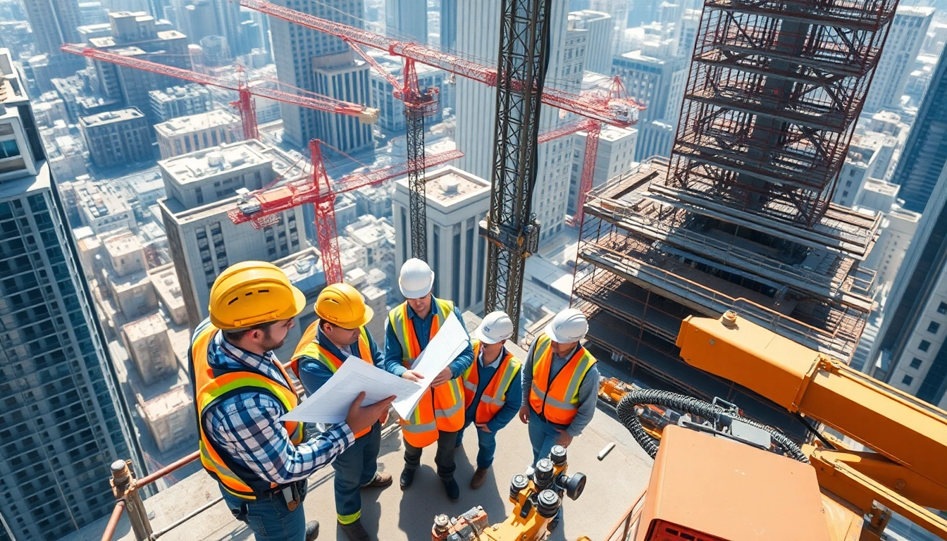 Manhattan General Contractor overseeing a busy construction site filled with diverse workers and machinery.