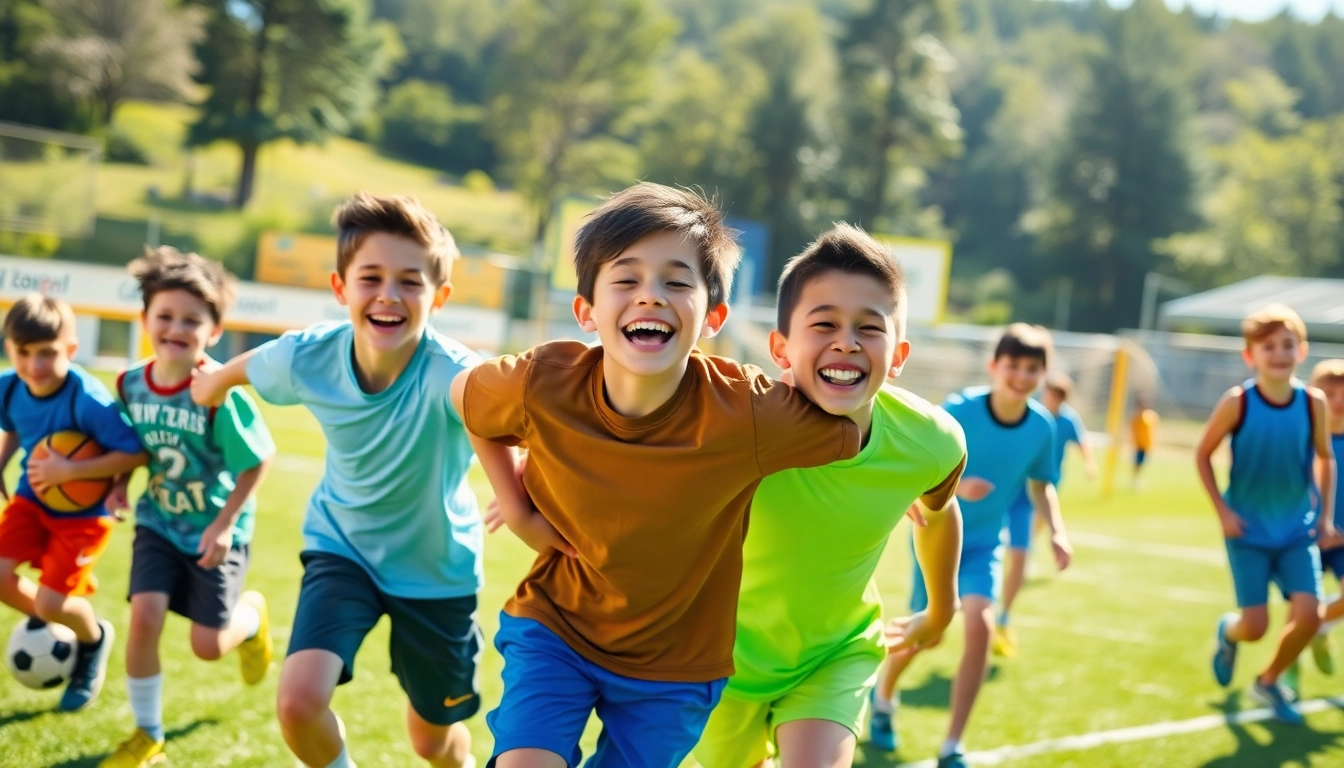 Active boys participating in Multi Sports Camps for Boys, enjoying soccer, basketball, and volleyball.