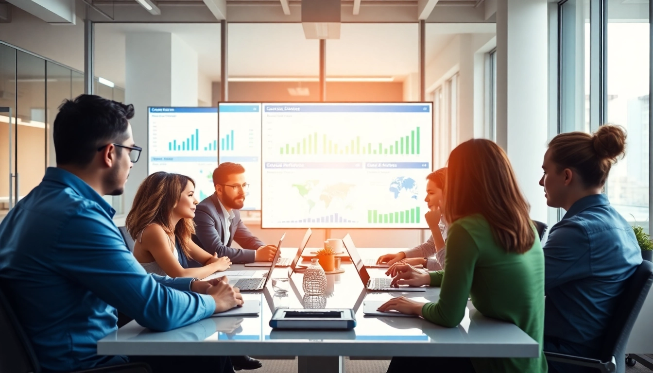 Leverage competitive intelligence for sales with a professional team analyzing data in a modern office.