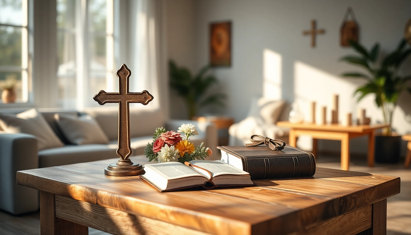 Showcase of beautifully crafted Christian gifts including a cross and Bible on a rustic table.