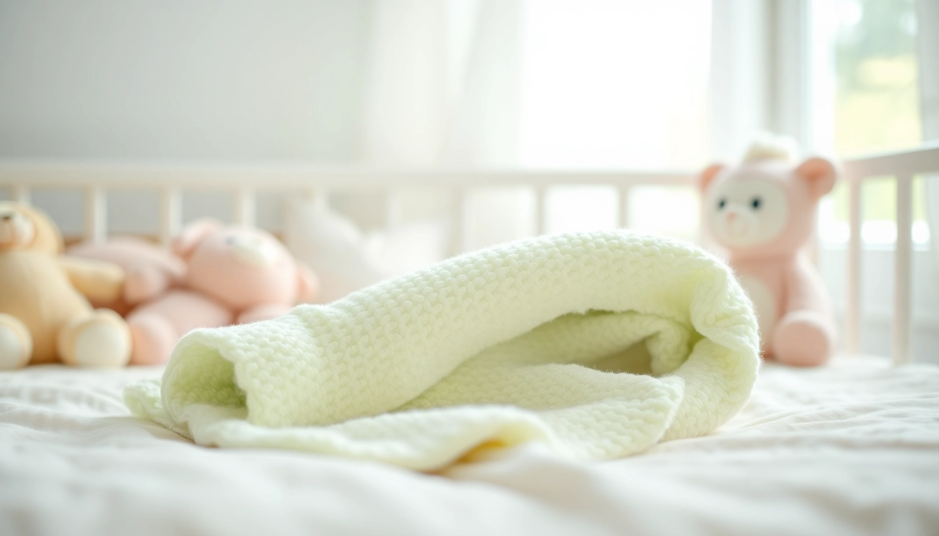 Snuggling with a baby blanket on a cozy nursery bed filled with pastel plush toys