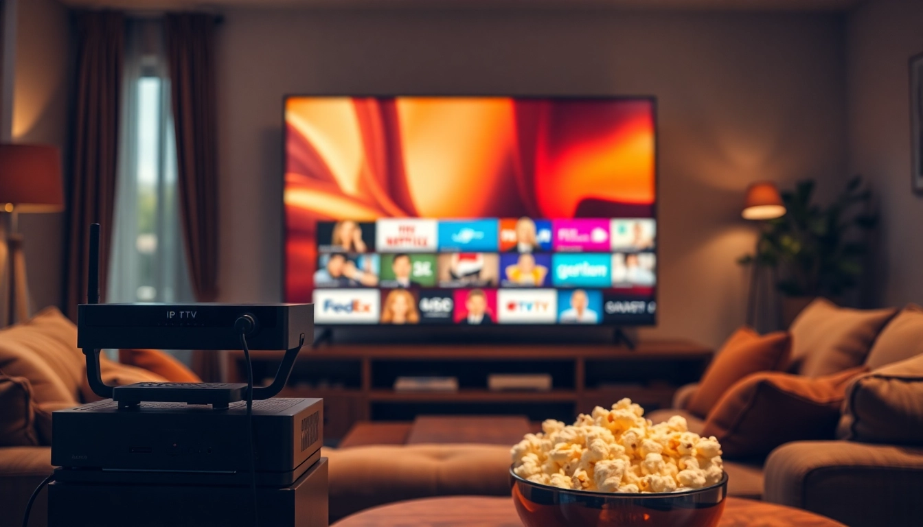Comprar IPTV en un entorno acogedor con una pantalla grande mostrando canales vibrantes.