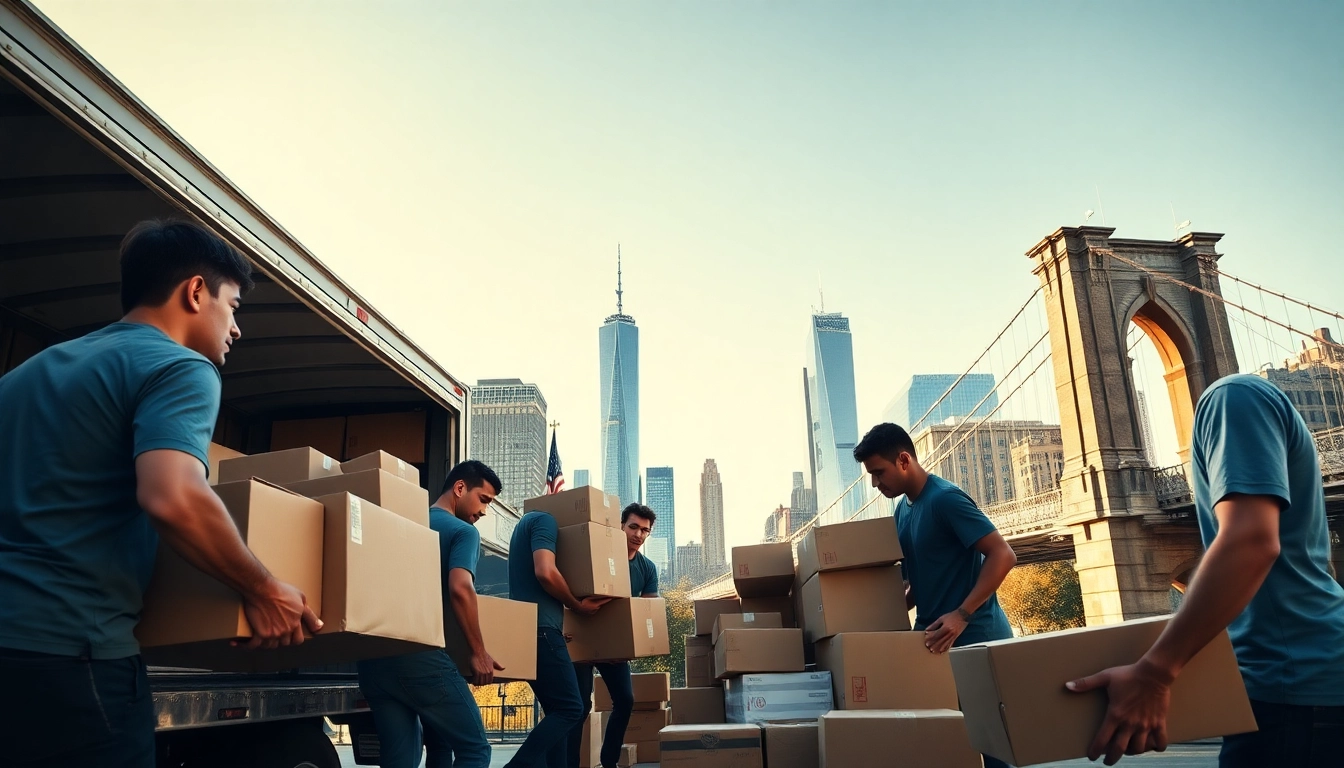 Experienced Movers nyc team efficiently loading a moving truck in iconic NYC scenery.