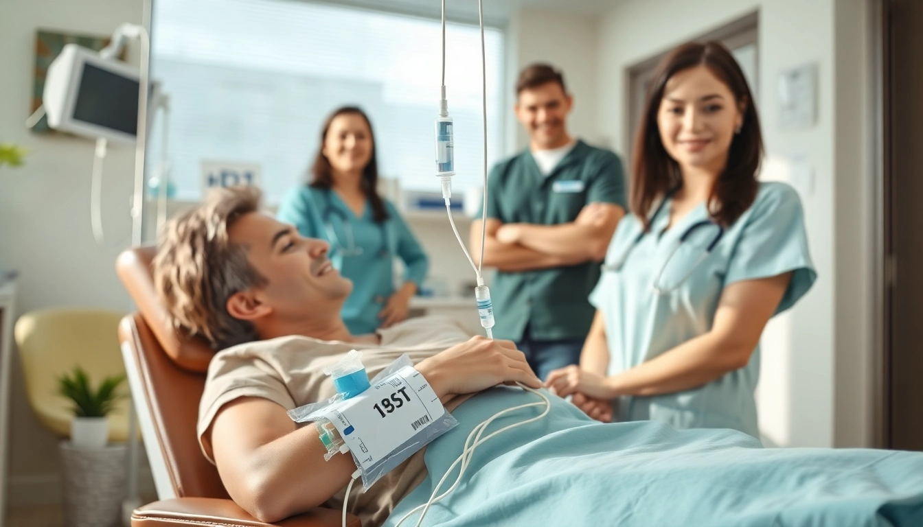 Administering intravenous drip to a patient in a calm healthcare environment.