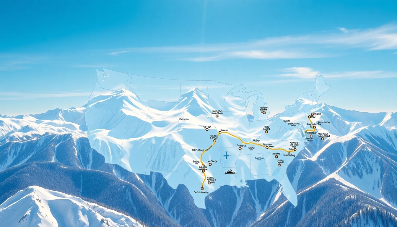 Interactive ski map of USA showcasing various ski resorts identified by distinct icons.