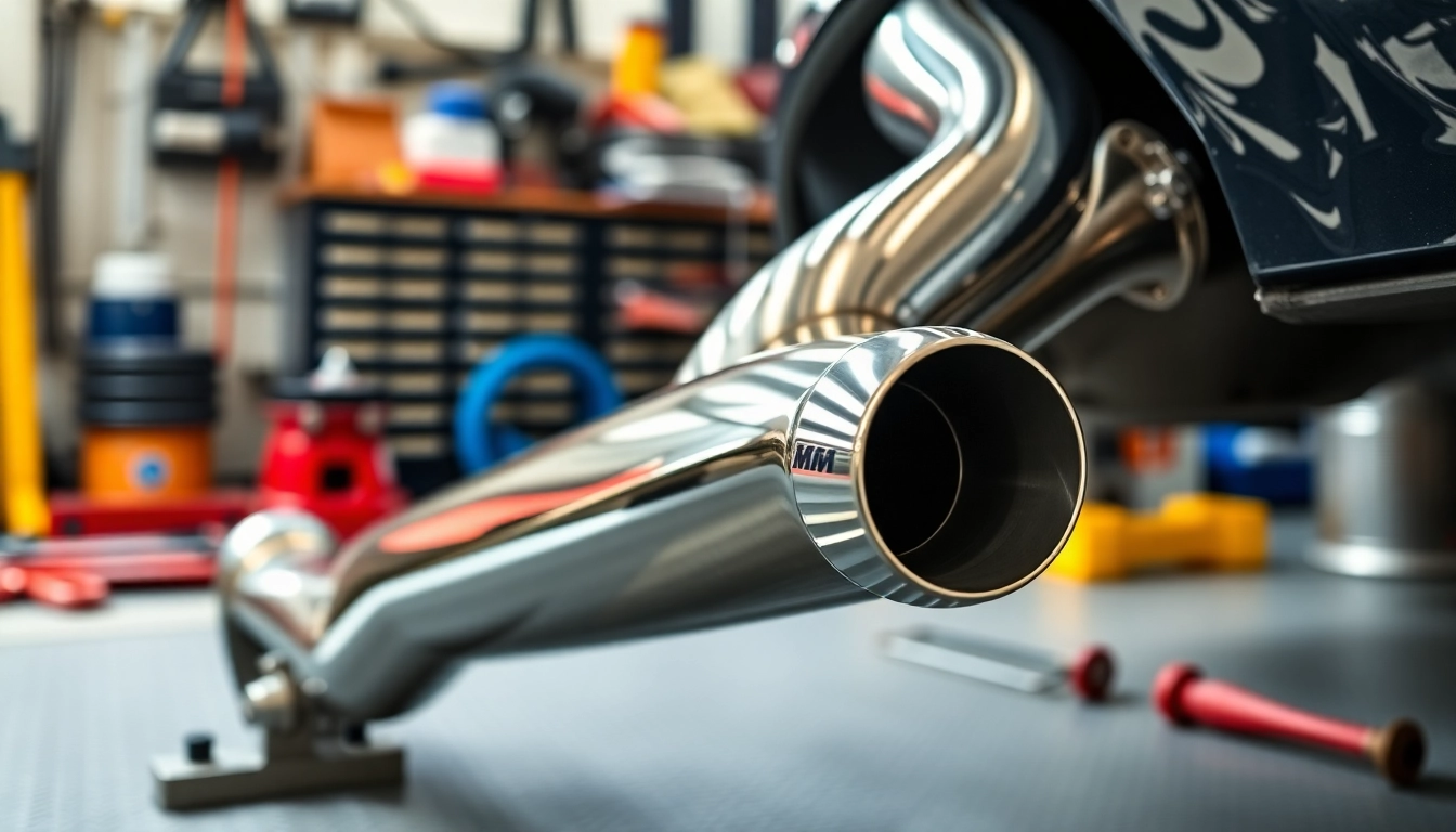 Showcasing an f80 m3 midpipe in a workshop, emphasizing its polished stainless steel finish.