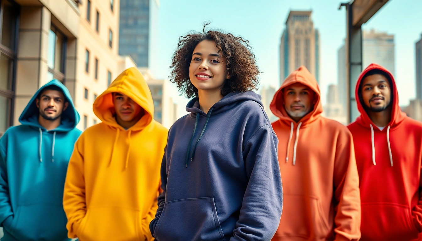 Explore stylish plain hoodies in vibrant colors worn by a model in an urban setting.