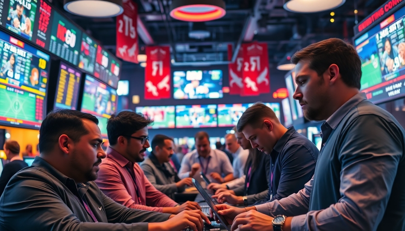 Exciting Sports betting scene with bettors engaged at a lively sportsbook, showcasing competitive atmosphere.
