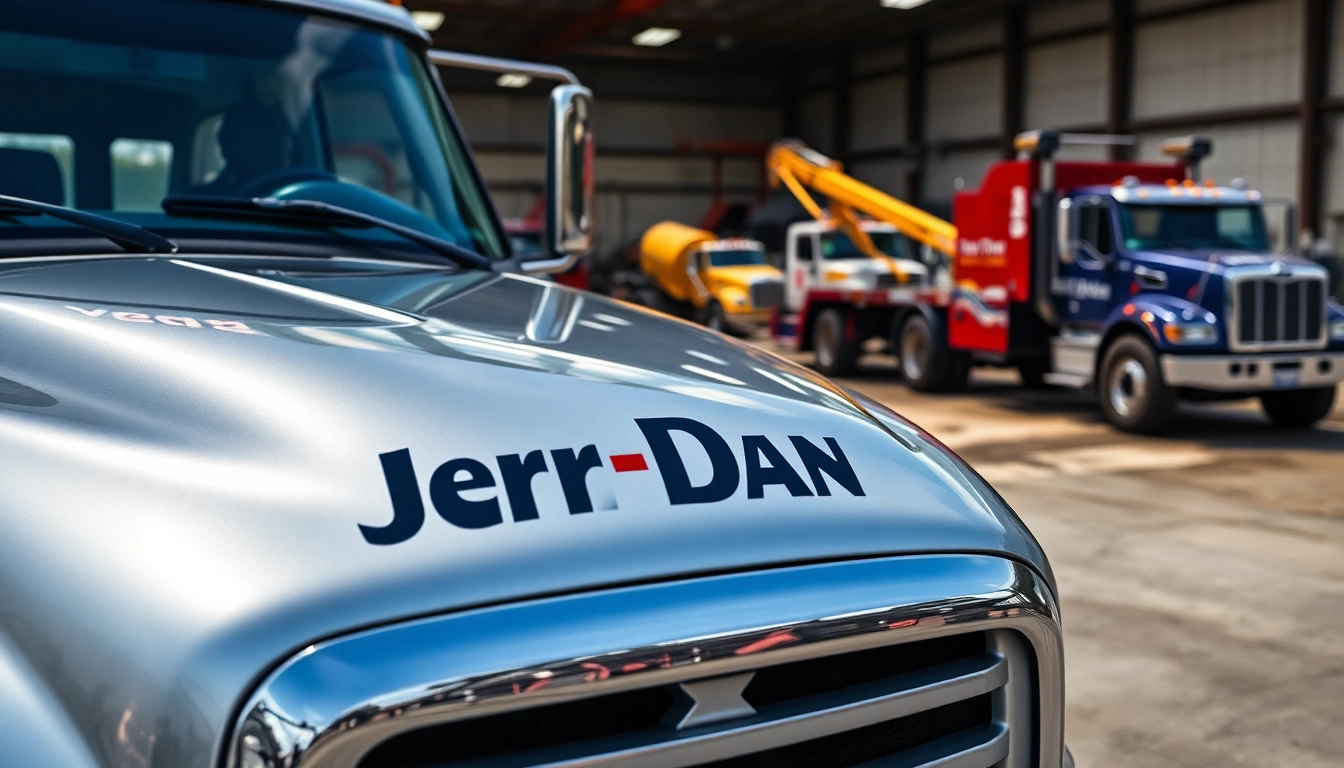 Jerr Dan tow truck showcasing durability and functionality in a bustling industrial environment.